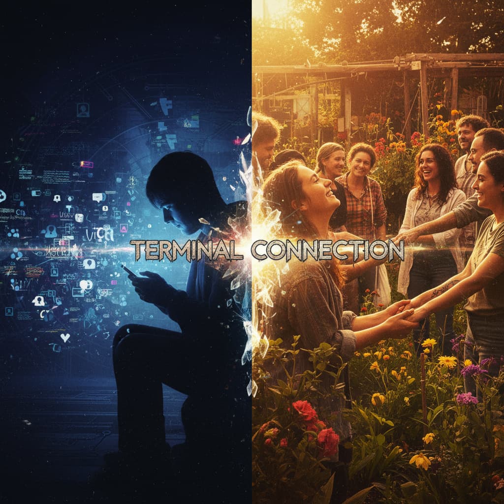 Terminal Connection album artwork showing a figure lit by cold blue light while reaching toward a warm doorway.