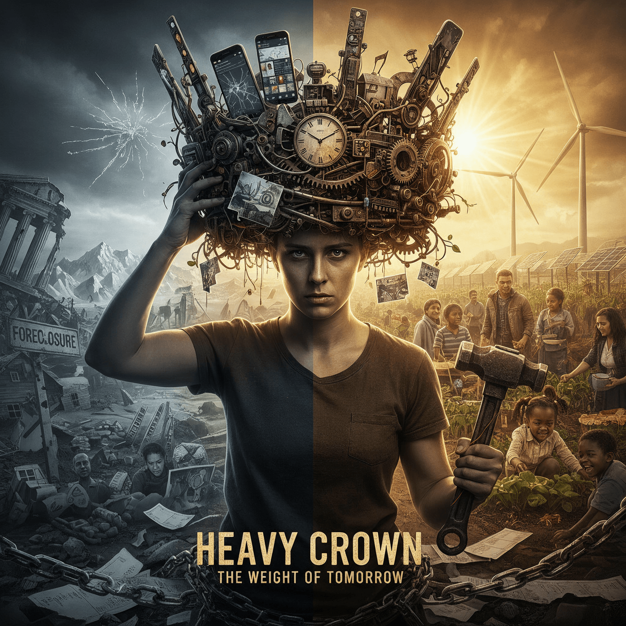 Heavy Crown album artwork featuring a dented crown resting on protest paperwork.